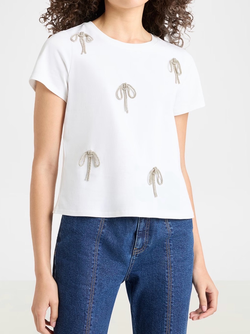 Cinq a Sept Corded Rhinestone Bows White Embellished Bow Tee Shirt NEW